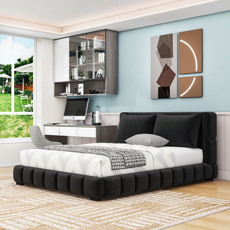 Ensemble de lit plateforme tapissier avec 2 coussins, Noir, Grand lit