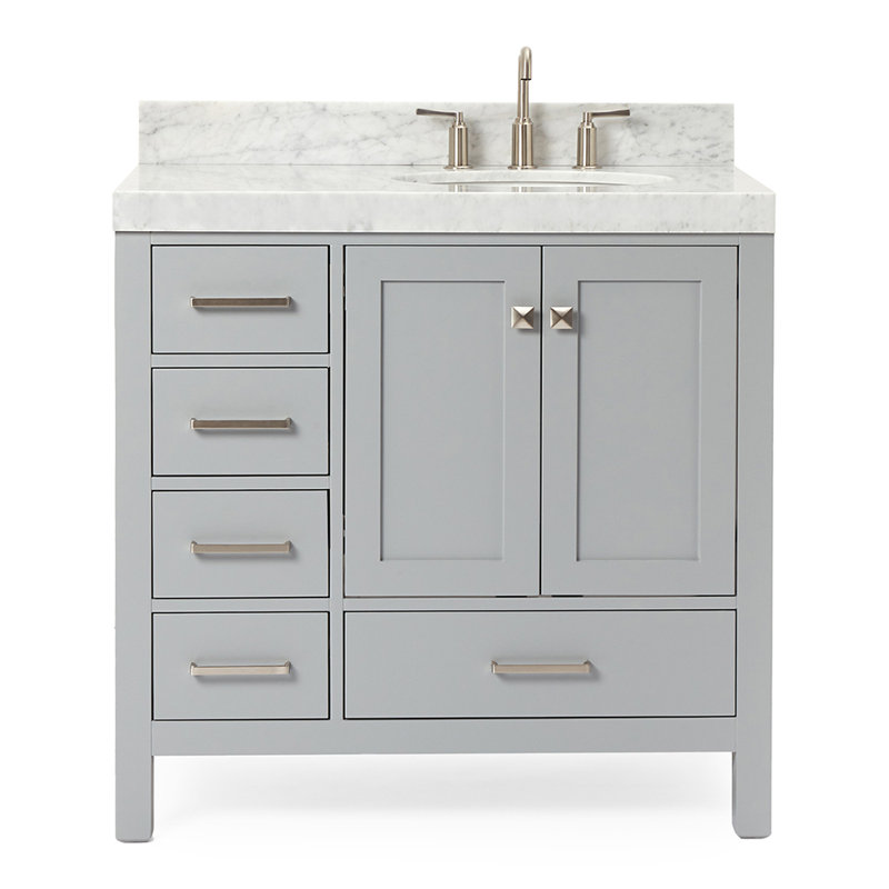Ariel Cambridge 36 In. Right Offset Vanity With 2 In. Carrara Marble Countertop, Gray