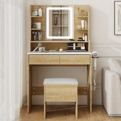 Coiffeuse avec miroir et lumières, coiffeuse 31,4 po avec prise de courant et tabouret de rangement
