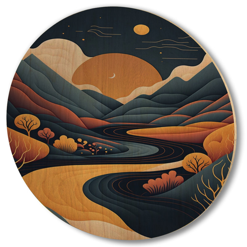 Lune orange avec graphique Blue River Mountains - paysage de montagnes, impression sur bois jaune, H 36 po x l 36 po x P 1 po