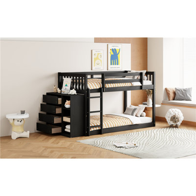 Lit superposé simple au dessus d'un lit simple avec 4 tiroirs et 3 tablettes - Espresso