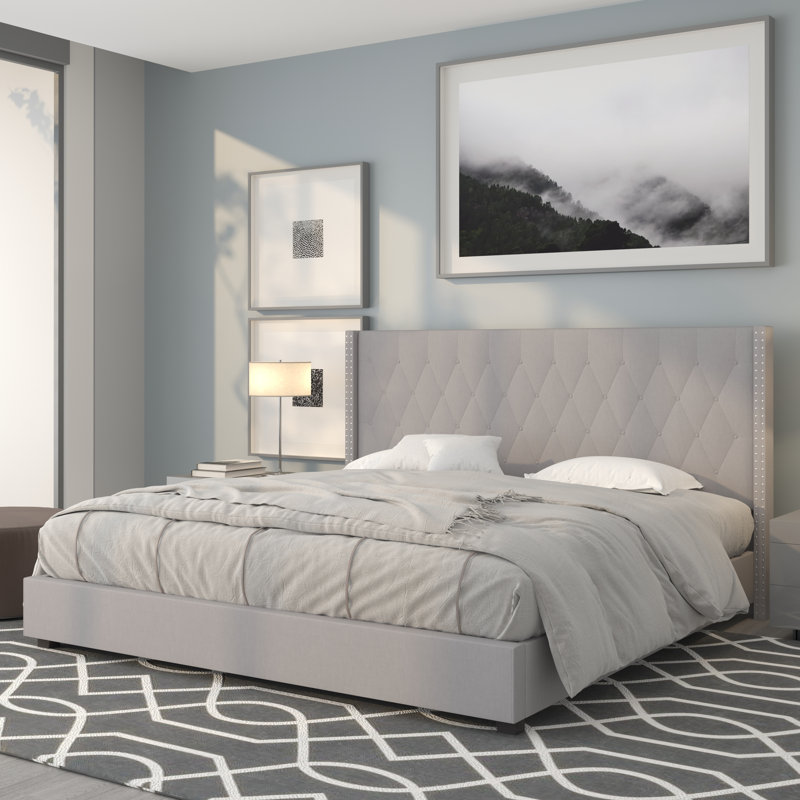 Aluino Tufted Upholstered Platform Bed w/ Accent Nail Trimmed Extended Sides, King, Light Gray