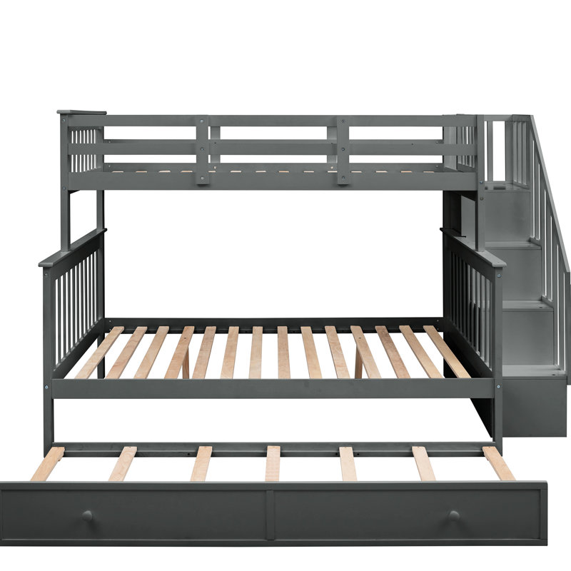 Gray Bunk Bed With Twin Over Full Setup, Trundle, And Handy Storage Arrangement, Functional Space, Gray