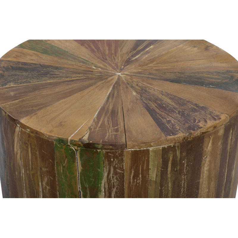 Joviana Reclaimed Wood Handmade Pinwheel Drum Side End Brown Accent Table with Multi Colored Accents
