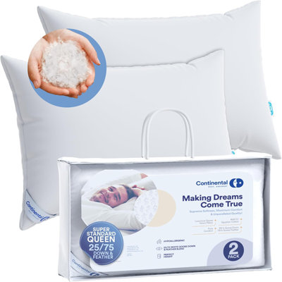 Continental Bedding Super Standard Pillow, 25% Down 75% Feather, 300TC Cotton Cover, 38oz Fill, 20x28 Inch