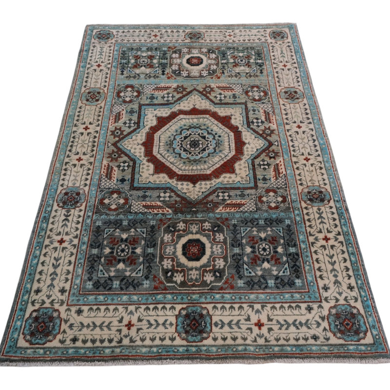 Hand Knotted Wool Area Rug in Sea Green And Beige