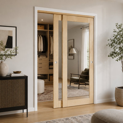 Porte de placard à miroir coulissante en bois massif avec trousse de quincaillerie Porte de placard intérieure avec panneaux de miroir pleine longueur et poignées encastrées
