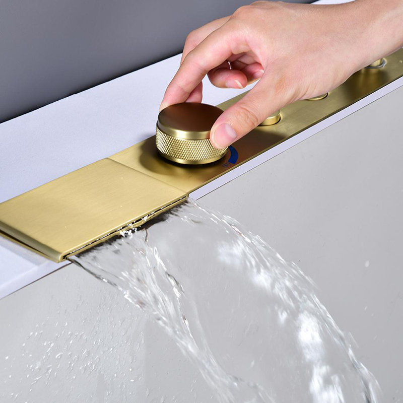 Brushed Gold Single Handle Waterfall Tub Faucet with Hand Shower