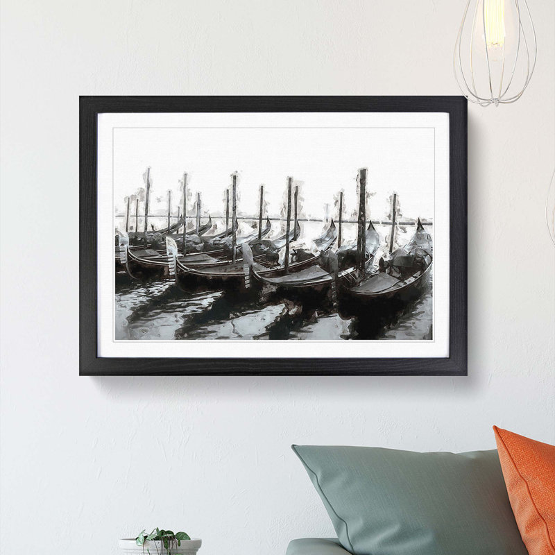 Docked Gondolas in Venice Italy in Abstract - Picture Frame Painting Print, Black Framed, 62cm H x 87cm W x 2cm D