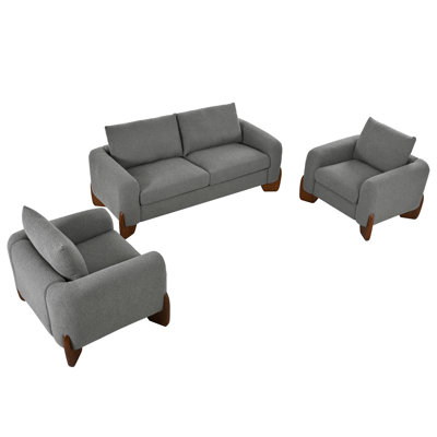 Ensemble de canapé de salon 3 pièces U_Style, 1 causeuse et 2 fauteuils, tissu bouclé doux, structure en bois de pin et pieds en bois d'hévéa, canapé modulaire confortable pour la salle familiale (table basse non incluse)