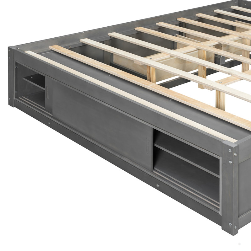 Structure de lit plateforme grand avec 4 tiroirs de rangement et casier de rangement au pied de lit, Gris
