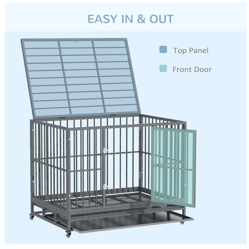 Large Gray Rolling Metal Dog Crate with Double Doors
