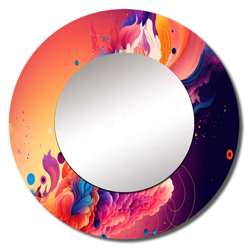 Sholah Vibrant Color Explosion II - Abstract Spirals Unique Wall Mirror, Pink Round Mirror, Printed Metal Art, 29" x 29"