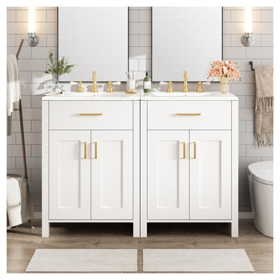 Meuble-lavabo moderne de 48 pouces avec lavabo en céramique, tiroirs à fermeture en douceur, bois massif blanc et armoire en bois aggloméré