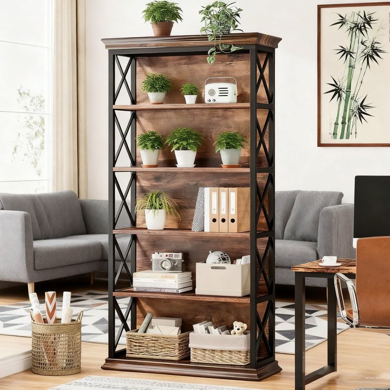 Bibliothèque industrielle à 5 niveaux avec motifs en X, capacité de 34 kg / tablette