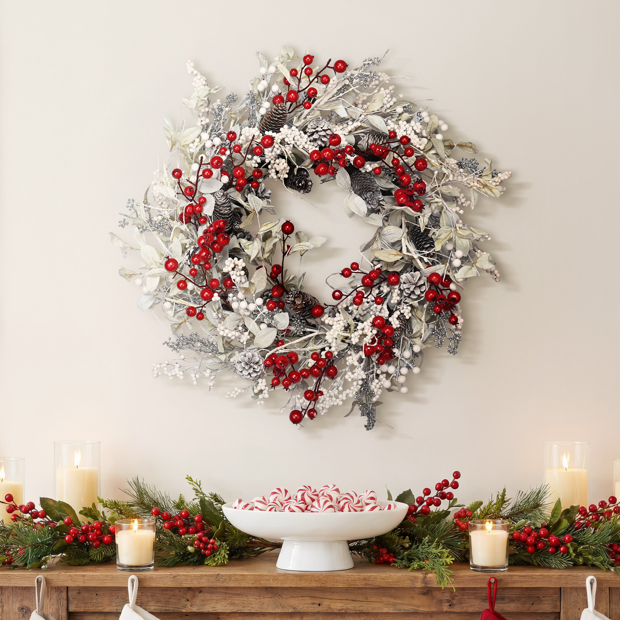 26" Faux Winter Christmas Pinecone Berry Twig Front Door Wreath - Thumbnail 2