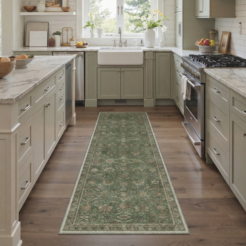 Lorelei Floral Geometric Machine Washable Brown Indoor Area Rug with Non-Slip Backing, Green, Runner 2' x 7'