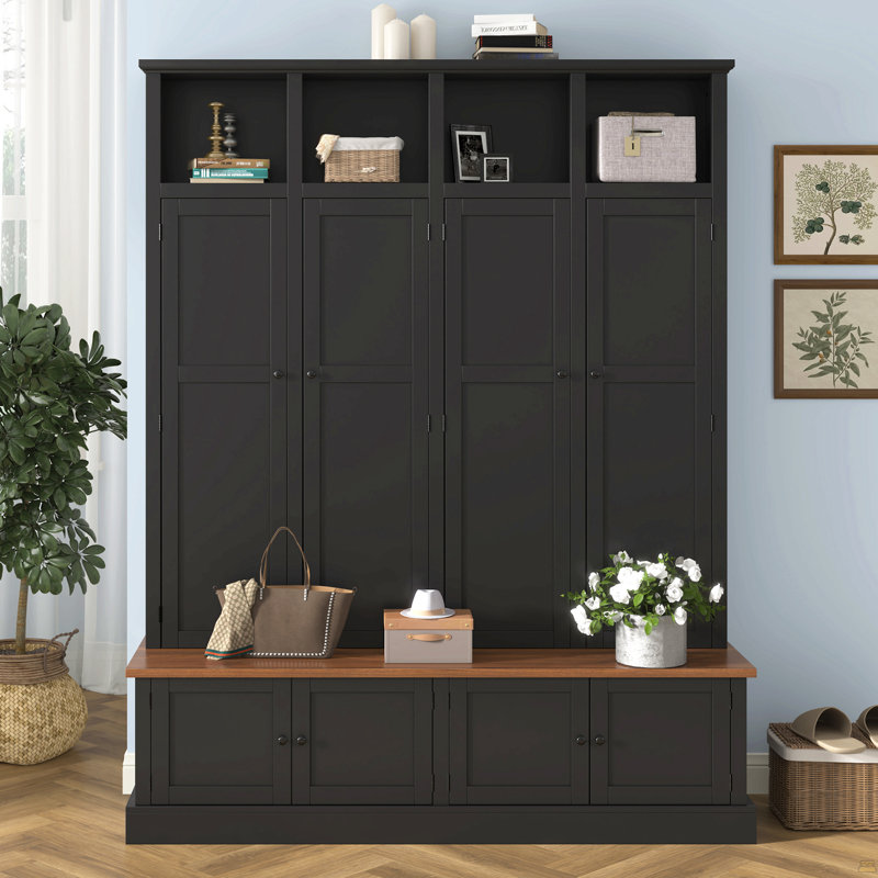 76.7''H Farmhouse Hall Tree with Bench and Cabinet, 4-in-1 Entryway Bench with Coat Rack, Modern Entryway Storage Organizer  with Open Cubbies & Hooks for Hallway, Entryway, Living Room