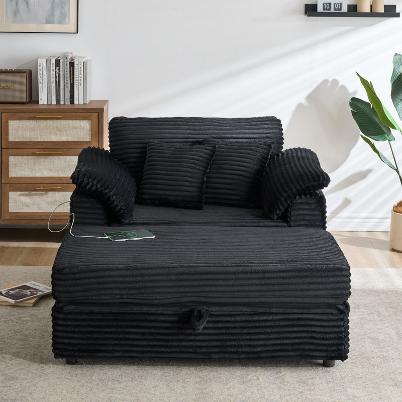 47.24" Corduroy Upholstered Sofa With Storage Ottoman, Black