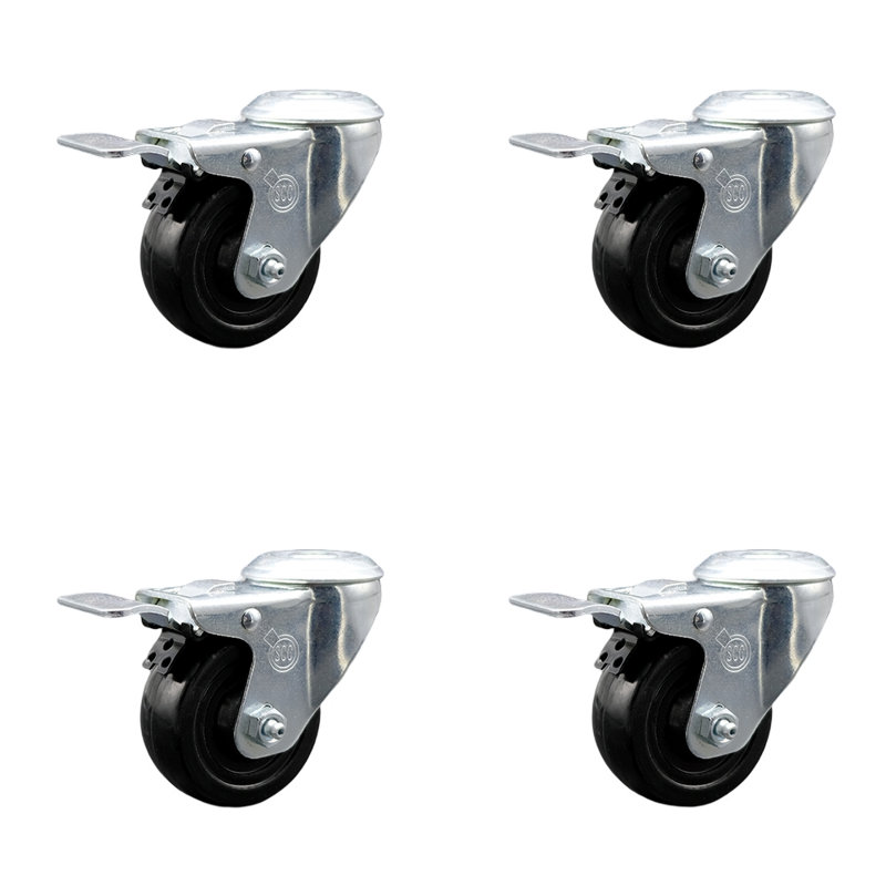 SS Hard Rubber Wheel Swivel Bolt Hole Caster Set with Total Lock Brake