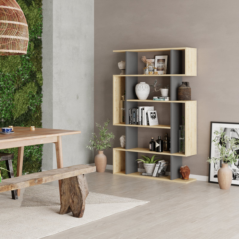 Mito 5 Tiers Wall Mounted Bookcase Modern Display Unit, Oak/Anthracite