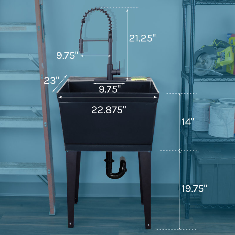 22.875 In. X 23.5 In. 19 Gallon Thermoplastic Utility Sink Set With High-Arc Coil Pull-Down Faucet, Black, Black