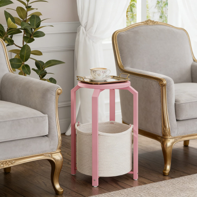 Table d'appoint ronde avec panier de rangement, ensemble de 2 petites tables de bout pour le salon ou la chambre à coucher, table de chevet robuste avec assemblage facile