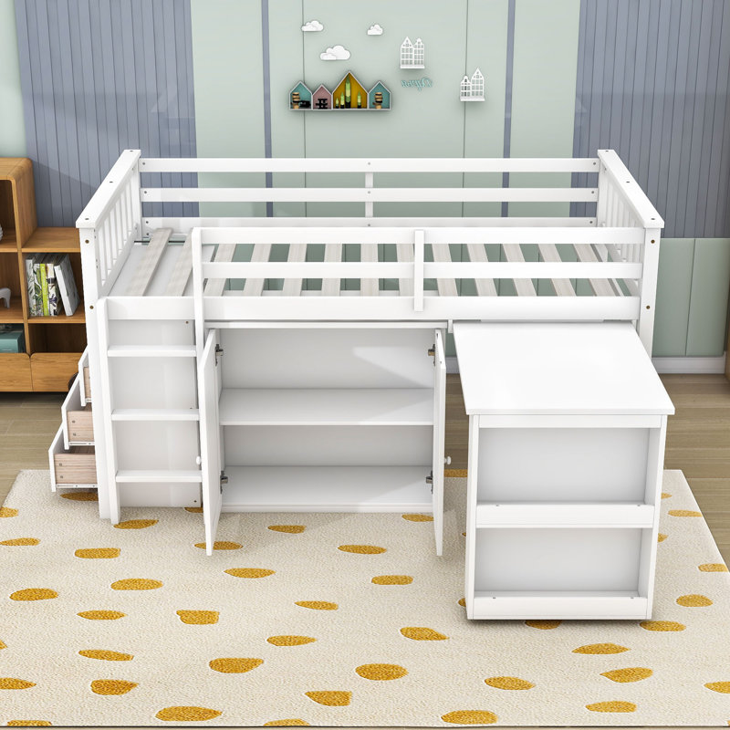 Lit mezzanine simple 4 tiroirs en bois avec armoires, bureau coulissant et barrières de sécurité, Blanc