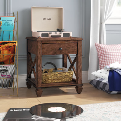 Hilma Stockbridge 21-Inch Square Wood End Table with Drawer, Traditional Cherry Stain Finish, Sturdy Pine Construction, Includes Storage Shelf and Functional Drawer for Living Room Essentials