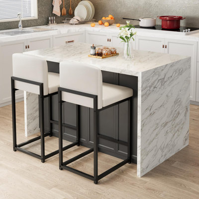 Counter Height Bar Stools Set of 2 with Back, PU Leather Upholstered Island Chairs with Metal Legs for Kitchen, Bar & Counter