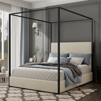 Luxurious Corduroy Canopy Bed with Tall Headboard and Durable Metal Frame Perfect for Elegant and Comfortable Sleep