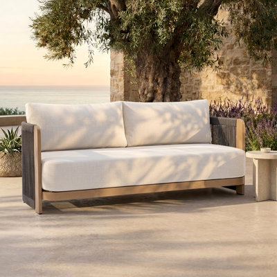 Canapé de patio moderne en corde tissée avec structure en aluminium et grain de bois; ensemble de conversation extérieur résistant aux intempéries pour piscine et jardin