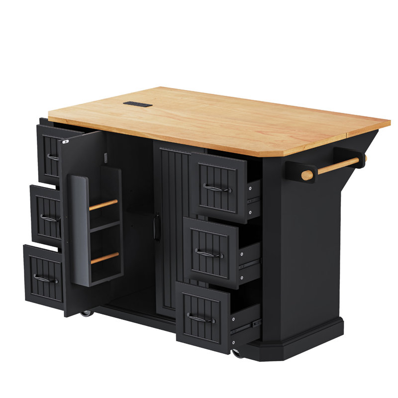 K&K 56 inch Kitchen Island with Rubber Wood Veneer Drop Leaf, Power Outlet, 4 Door Shelves, Embossed Vertical Stripe Rolling Kitchen Cart on 4 Wheels with 6 Deep Drawers for Kitchen, Dining Room,Black