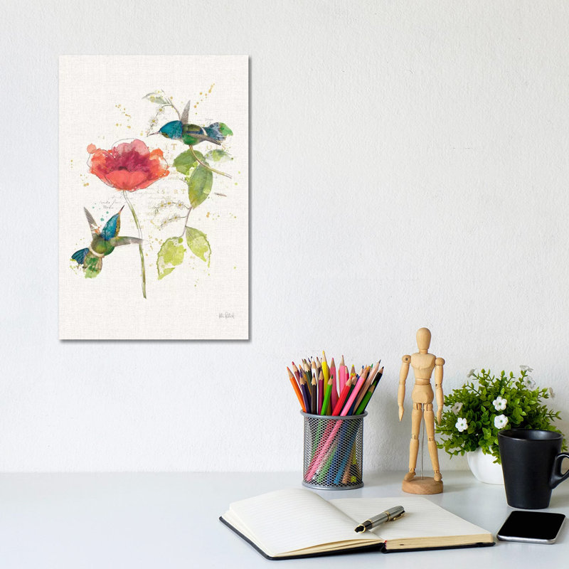 Teal Hummingbirds Flower II by Katie Pertiet - Wrapped Canvas Print, 20.32 cm H x 30.48 cm W