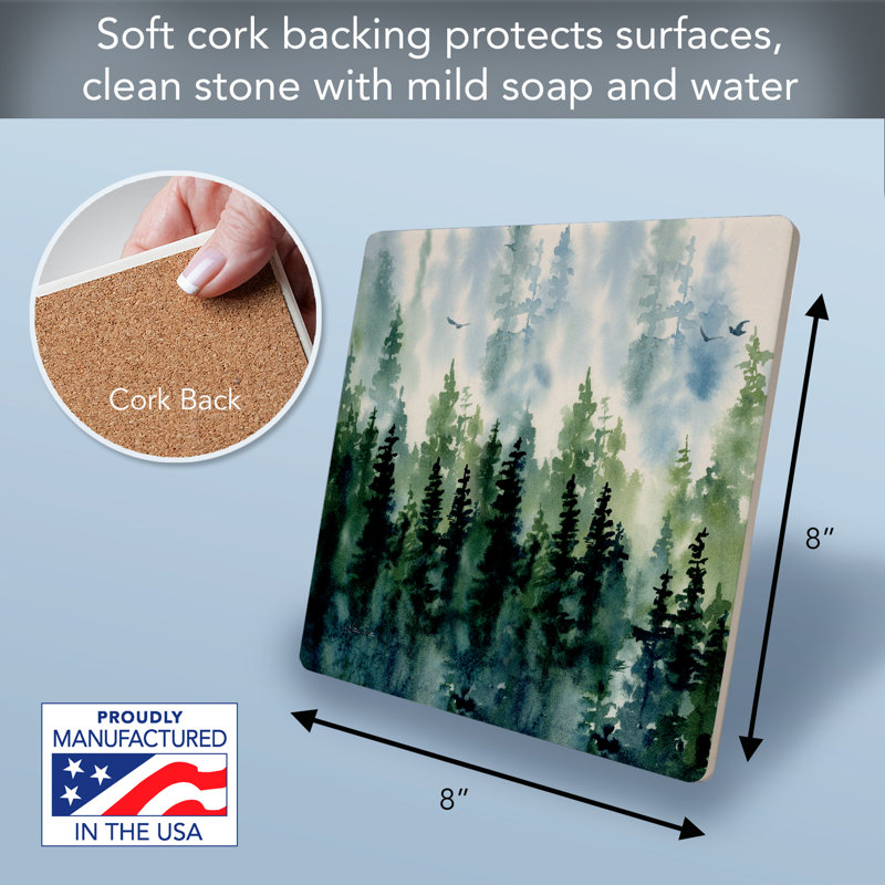Millwood Pines Foggy Tree Line Decorative Cork Backed Stone Trivet 8" Square