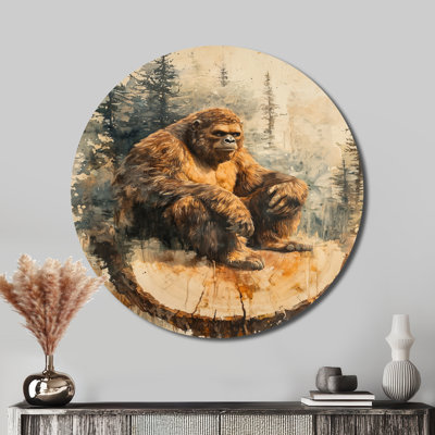 Wooden Gnome In A Forest Landscape II - Modern Brown Metal Art Print, Bigfoot Round Metal Wall Art