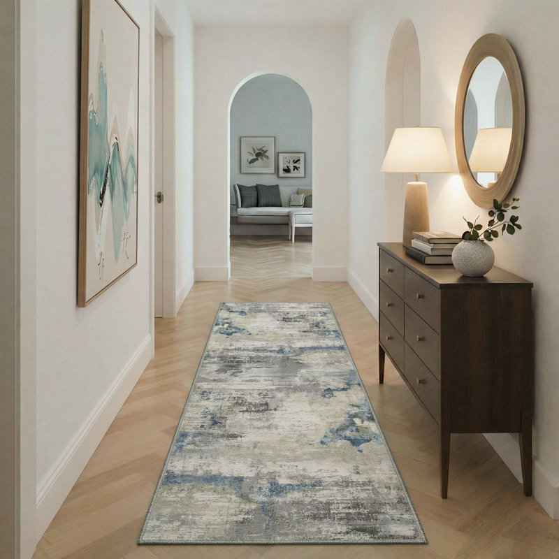 Mignone Abstract Watercolor Wash Machine Washable Dusty Azure Indoor Area Rug With Non-Slip Backing, Runner 2' x 7'