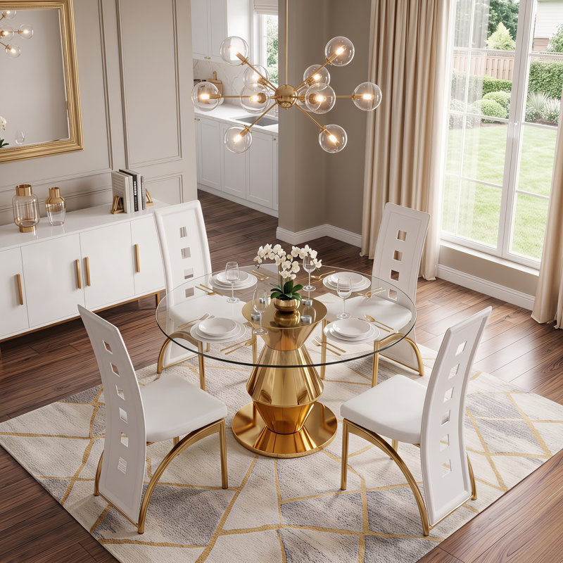 Ensemble de salle à manger 47 po Modern Glam, Ensemble de cinq pièces : table, quatre chaises, Blanc