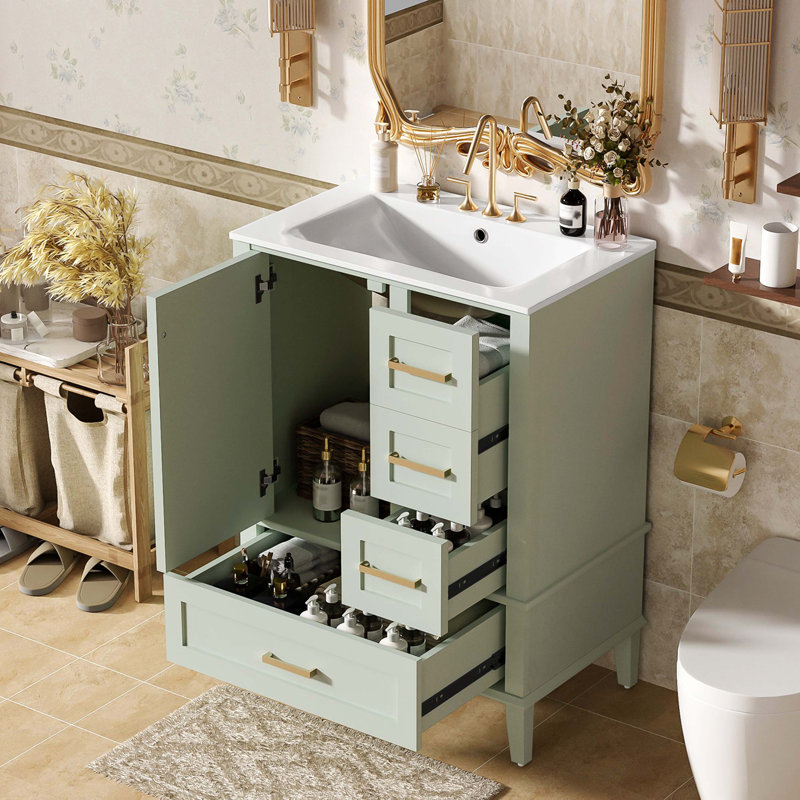 Meuble-lavabo autoportant peu encombrant avec plusieurs tiroirs et lavabo en céramique, Green