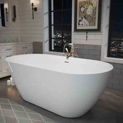Contemporary 60" Glossy White Acrylic Freestanding Bathtub, Deep Soaking With Sloped Lumbar Support, - Clog Drainage System, And Non Porous High Gloss Finish For Easy Cleaning Oval Bathtub Bathroom