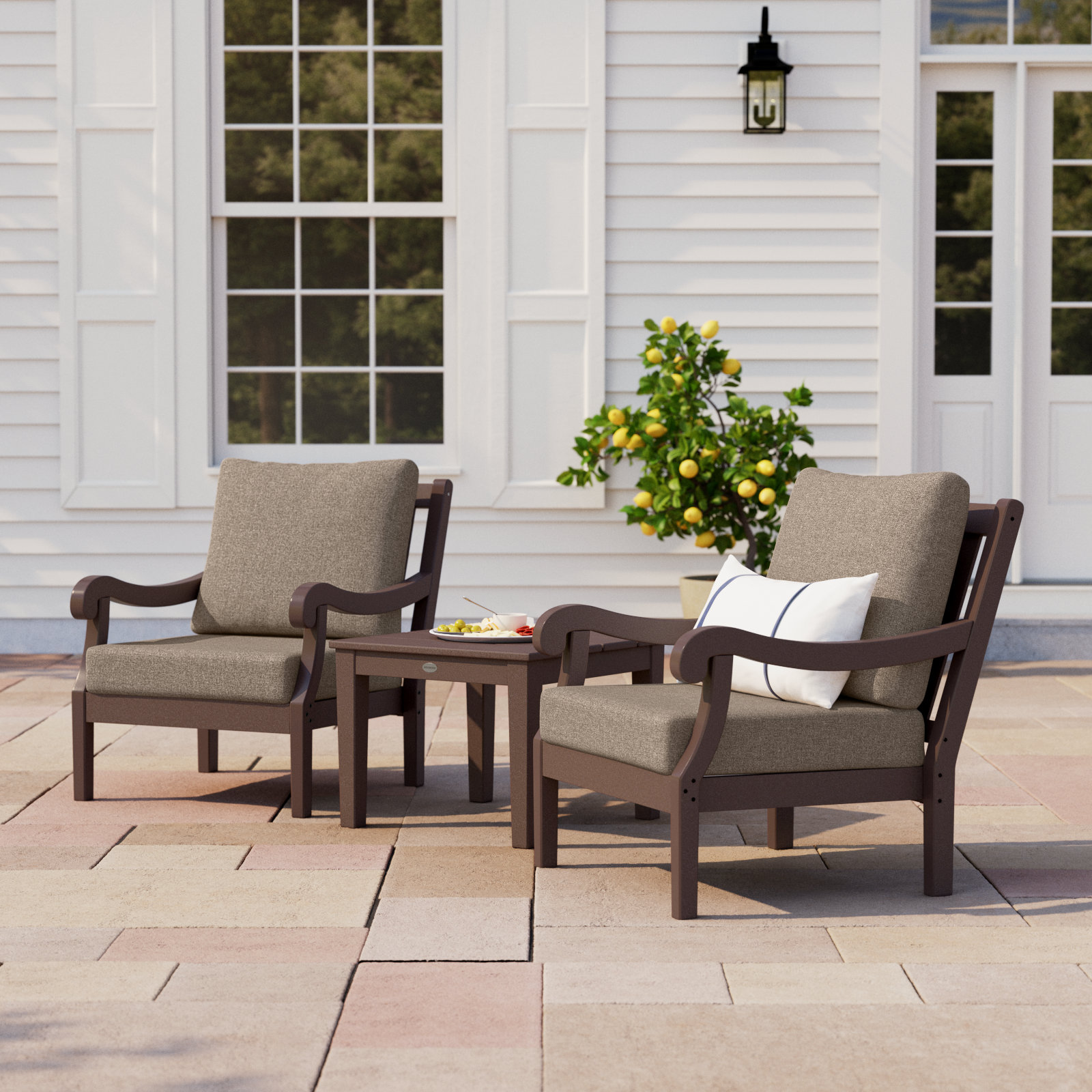 POLYWOOD® Verlyn 2-Person Patio Seating Group, Dune Burlap Cushion/Teak Frame