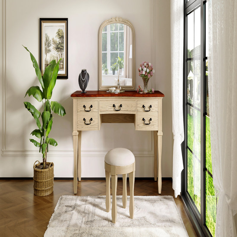 46"  Vintage Makeup Vanity With  Curved Flower Frame Mirror, Elegant Dressing Table With 5 Drawers And Leather Stool, Vanity Desk With Solid Wood Legs And Antique Handles For Bedroom