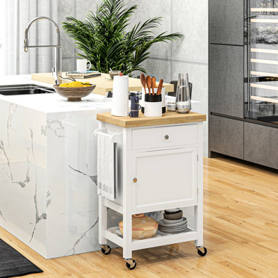 Chariot de boucher blanc avec armoire et rangement - Structure en bois d'hévéa robuste et options fonctionnelles