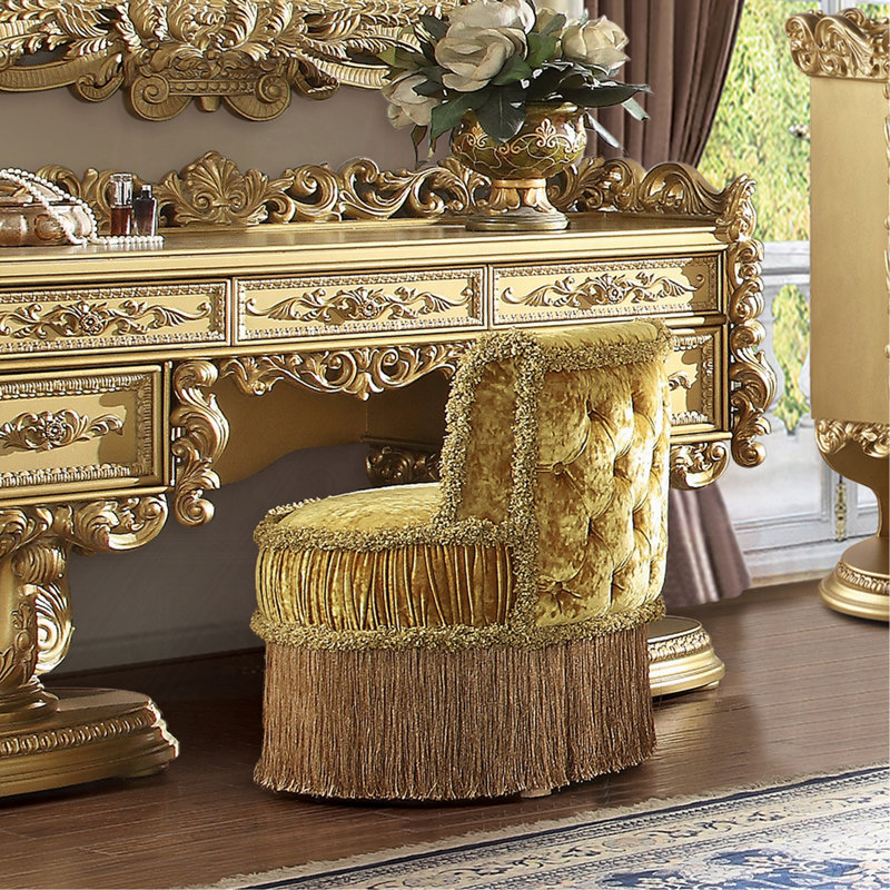 Gold Vanity Stool With Button Tufted