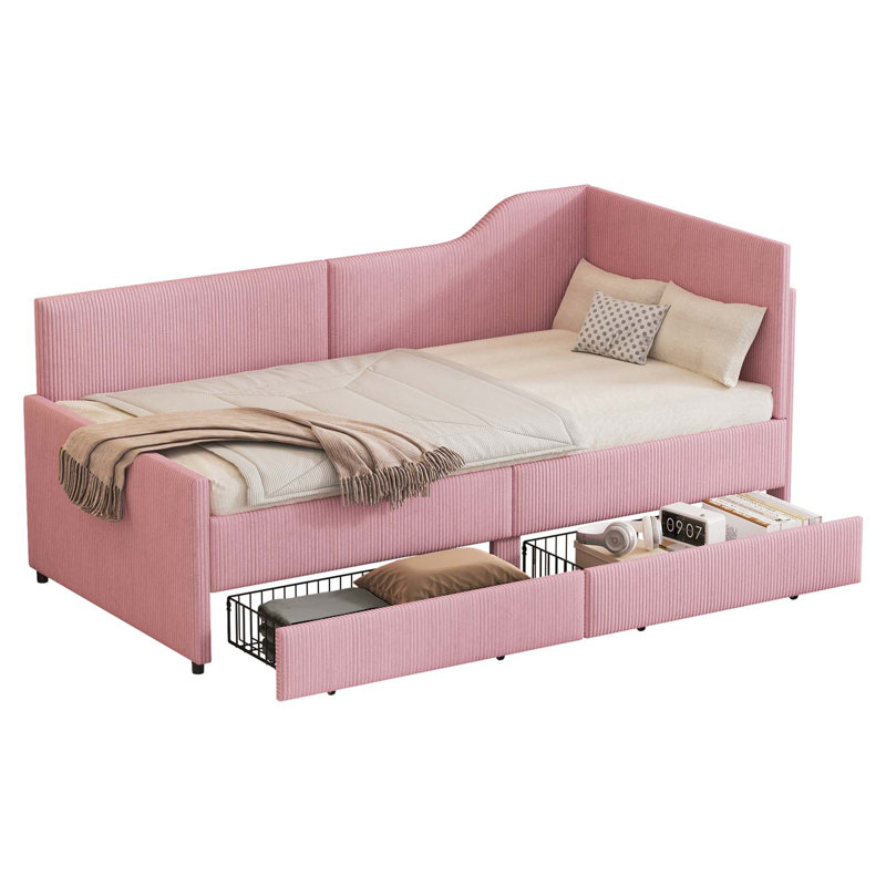 Griego Modern Corduroy Upholstered Daybed with Storage Drawers & Wooden Framw, Pink