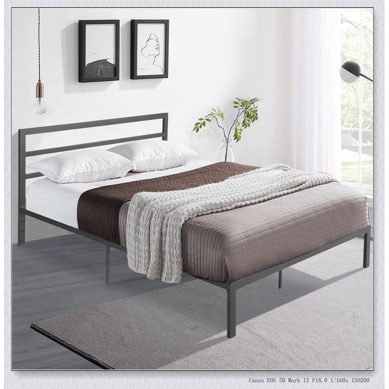 Metal Bed Frame With Headboard, Charcoal Grey