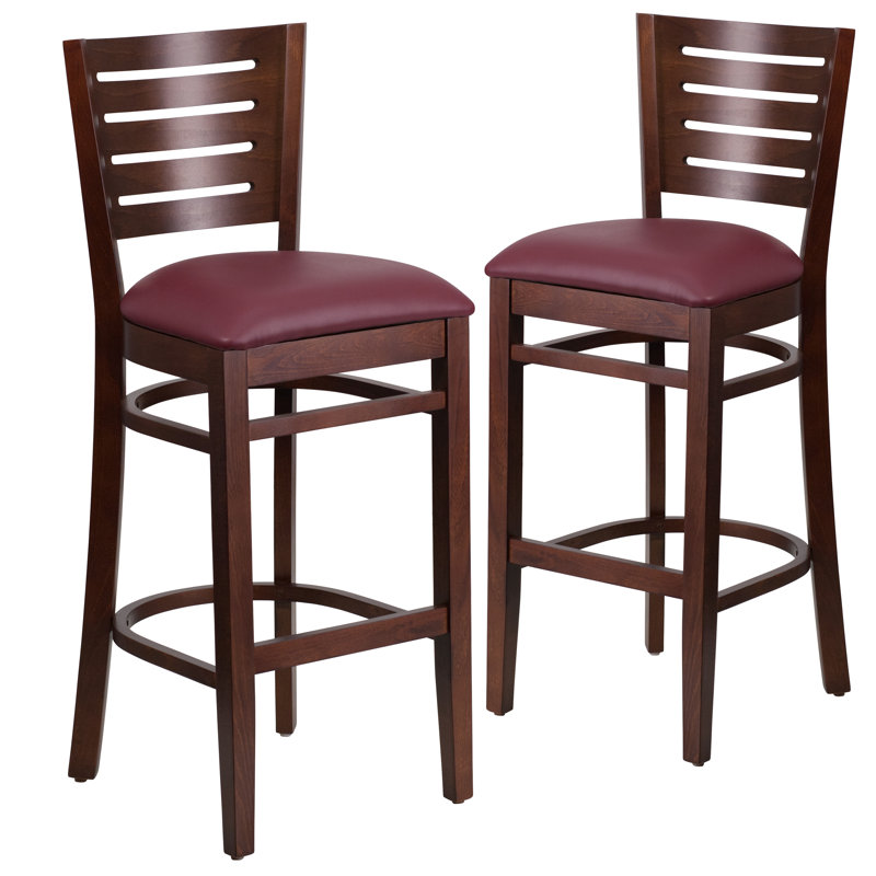 Kadircan Slat Back Wooden Restaurant Barstool, Vinyl-Burgundy, Walnut, 2