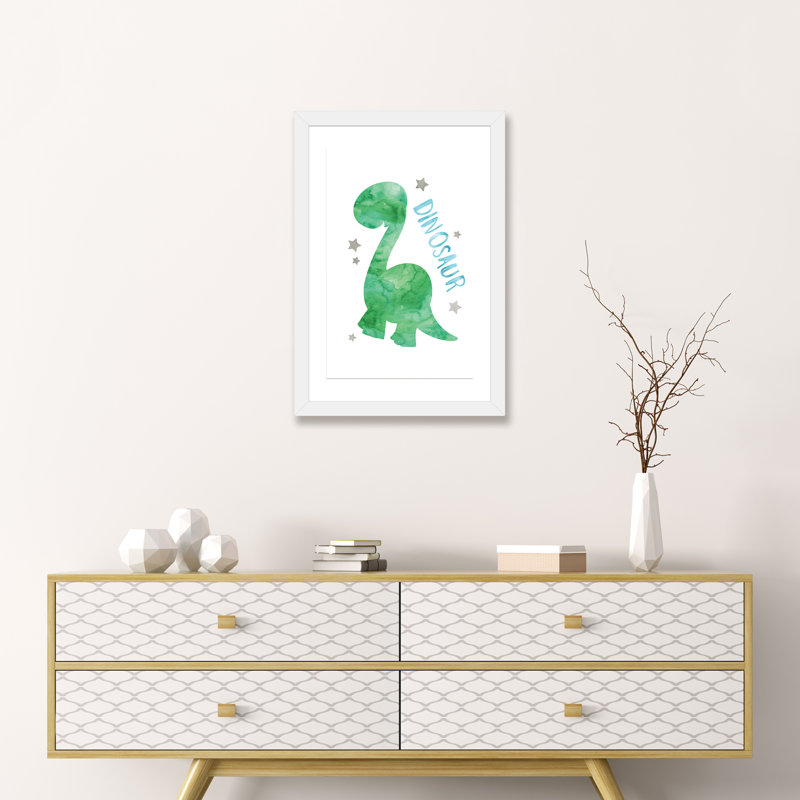 Dinosaure vert et bleu - impression d'art graphique, H 24 po x l 16 po x P 1 po, Papier encadré blanc, Blanc