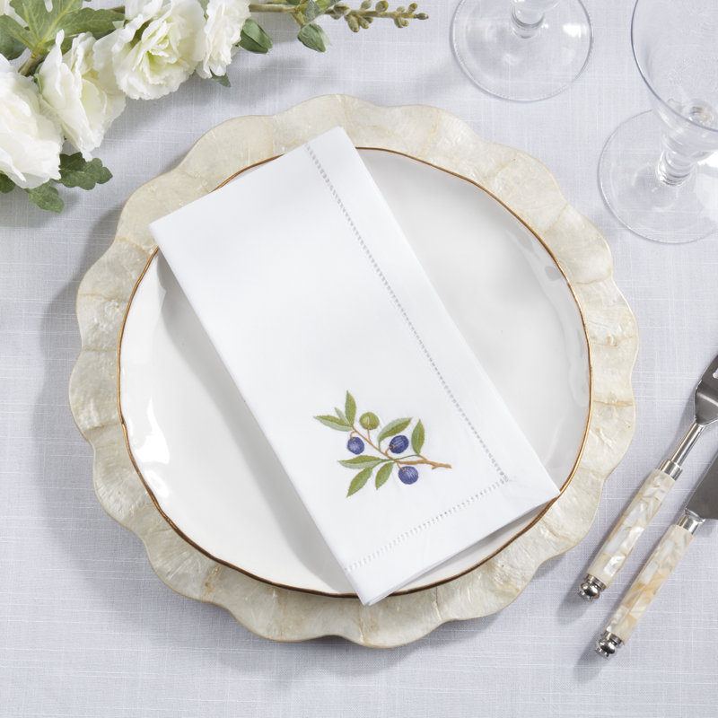 Embroidered Olive Cotton Decorative Napkins (Set of 6) – Hemstitch Border with Botanical Olive Branch Motif, 20"x20"