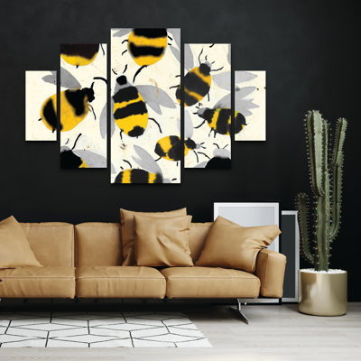 Ensemble de 5 panneaux muraux - Jenny Frean «Inky Bees», art mural sur toile pour le salon, la chambre à coucher ou le bureau 